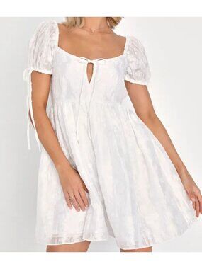 Lulus Exceptionally Angelic White Floral Puff Sleeve Mini Dress XL